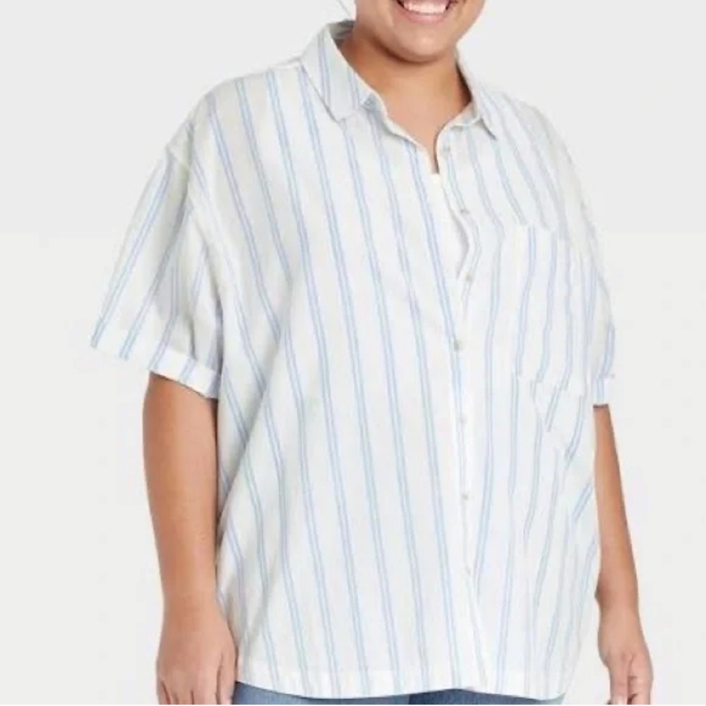 NWT Ava & Viv Stripe Buttondown Short Sleeve Shirt In Blue/White Combo Size 2X